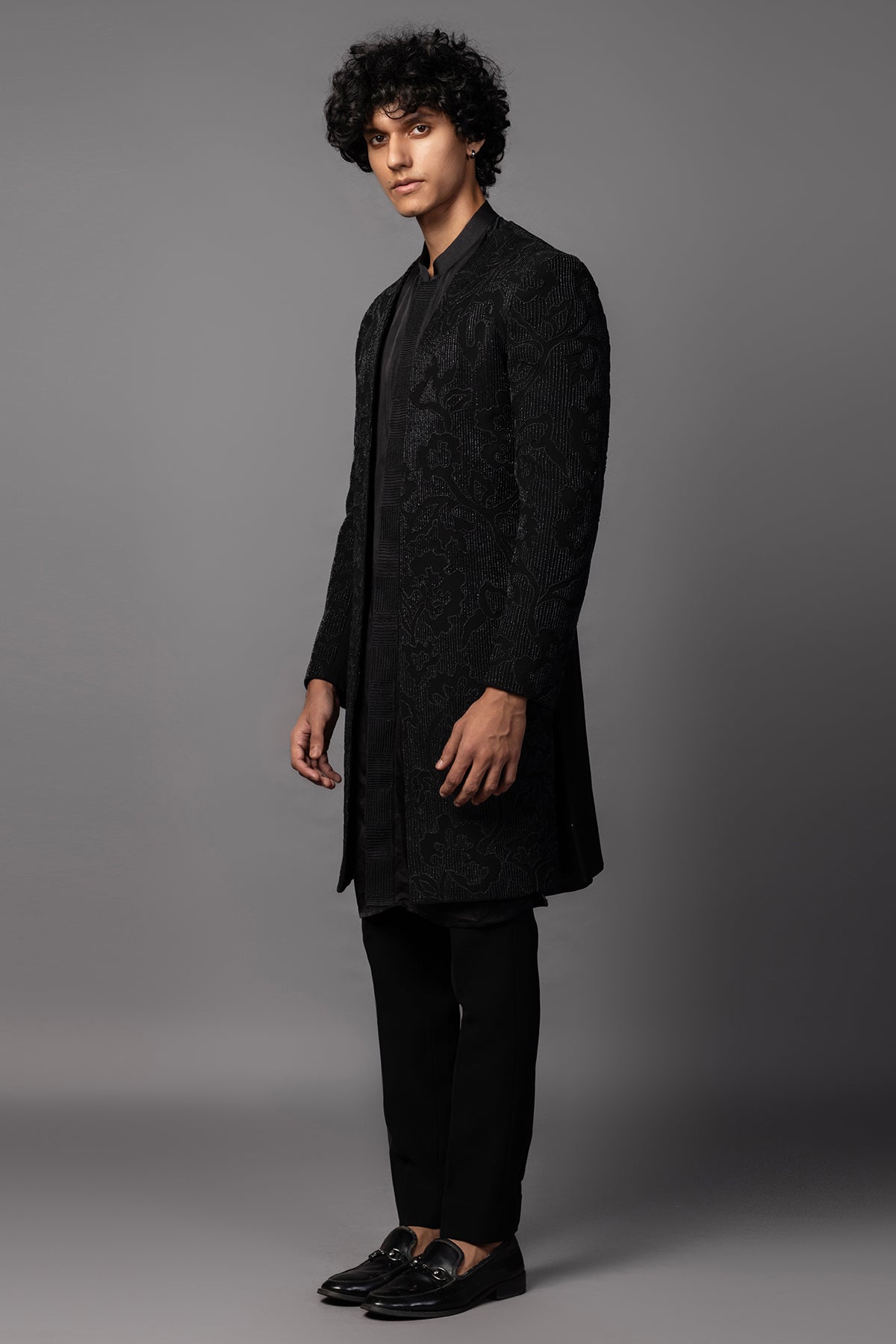 Black Cutdana Work Achkan Set