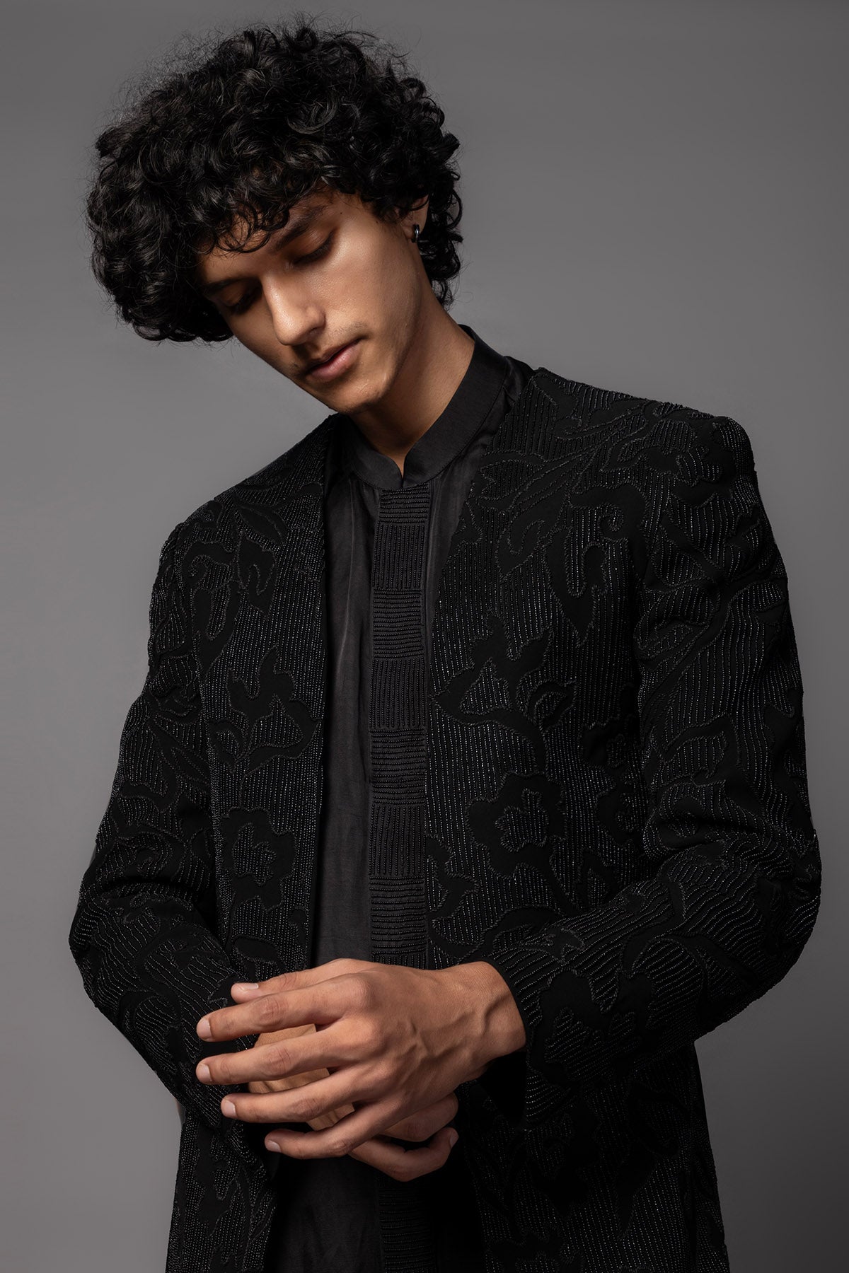 Black Cutdana Work Achkan Set