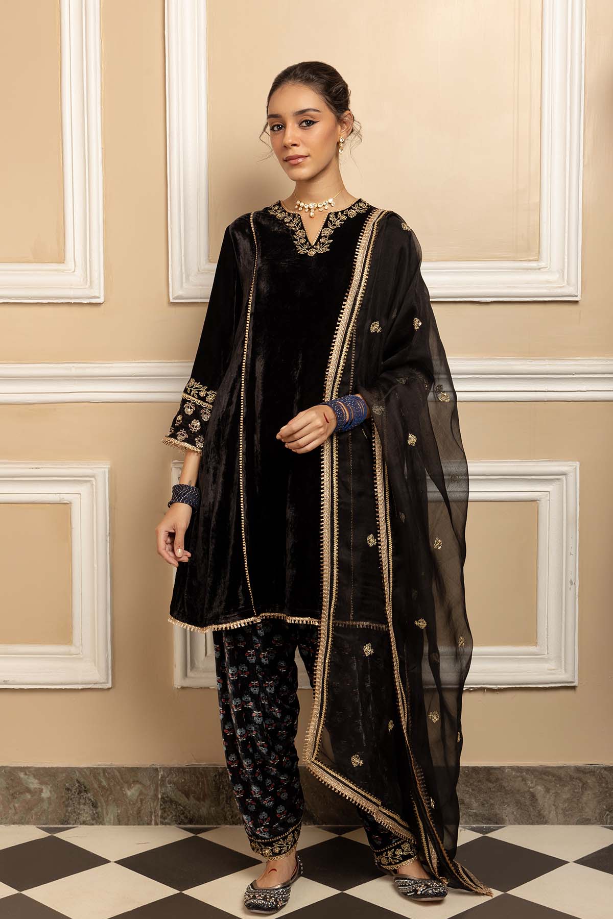 Buy Black Dabka A-Line Kurta Set by Dohr India for women online at ScrollnShops