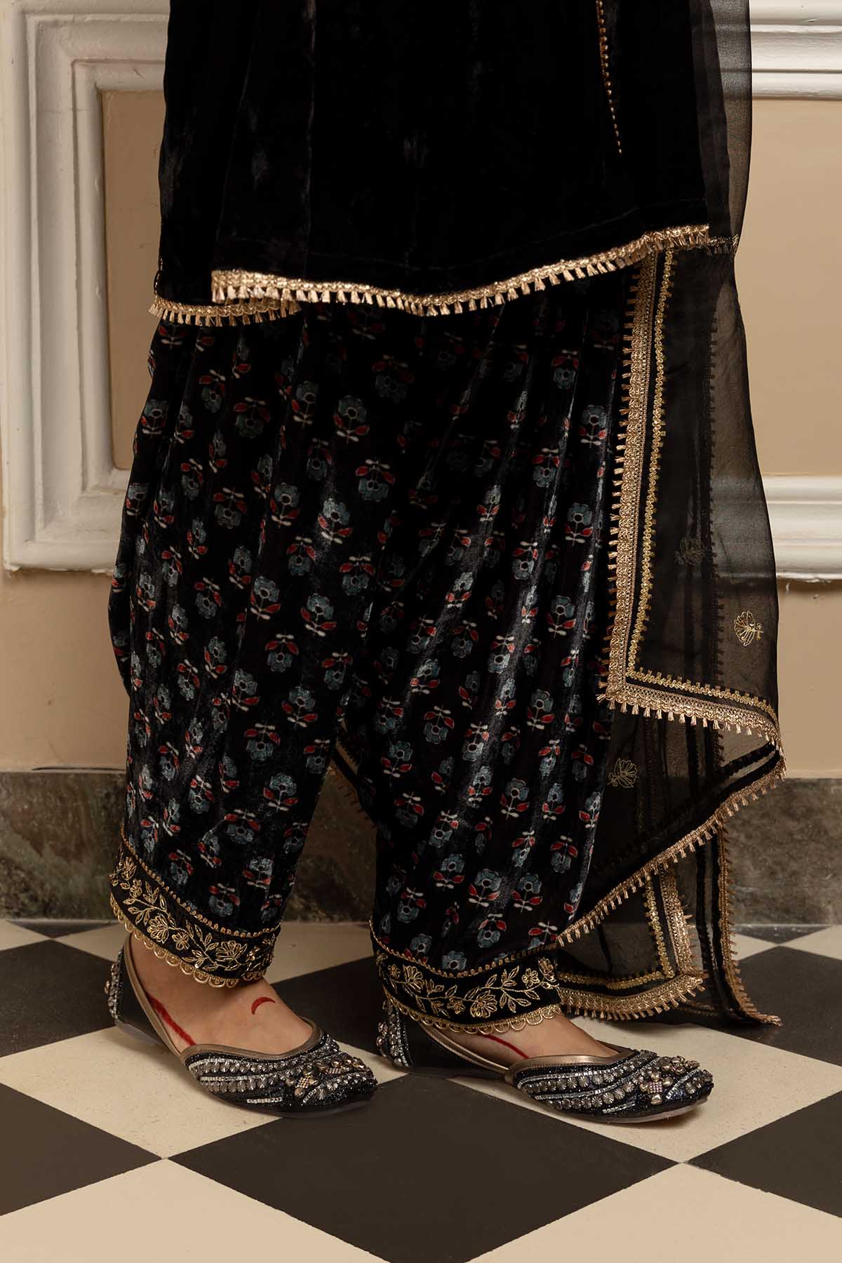 Black Dabka A-Line Kurta Set