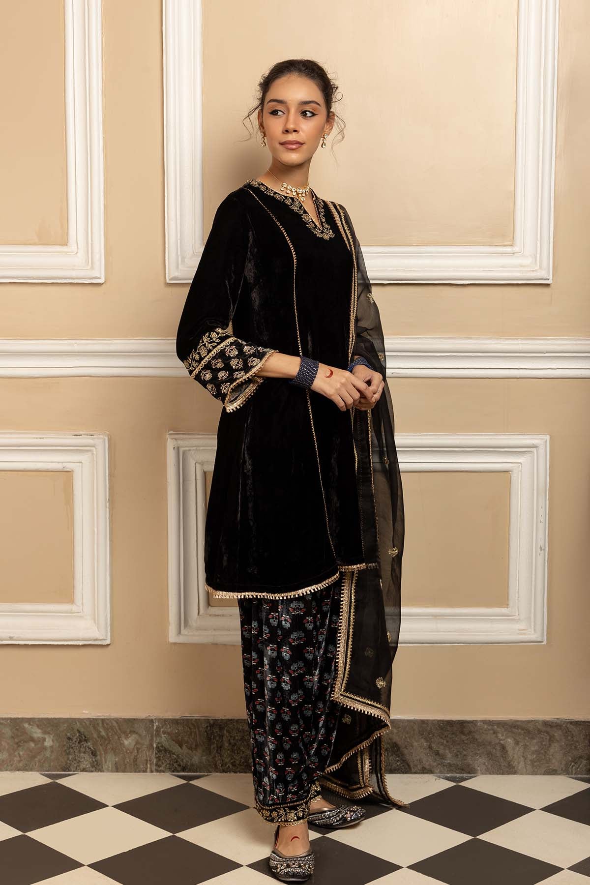 Black Dabka A-Line Kurta Set