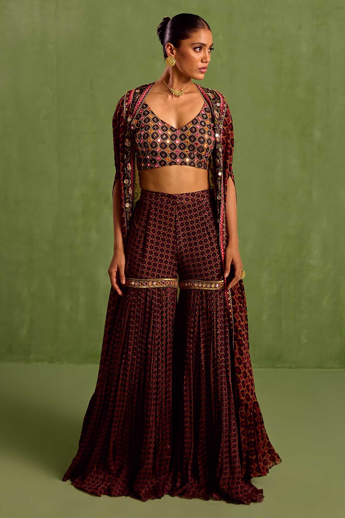 Designer Neha Khullar Black Digital Printed Cape Set for Women Online