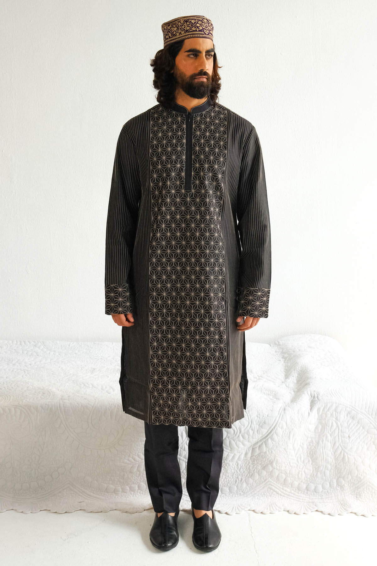 WABI SABI Black Dori Embroidered Kurta Set for men online at ScrollnShops