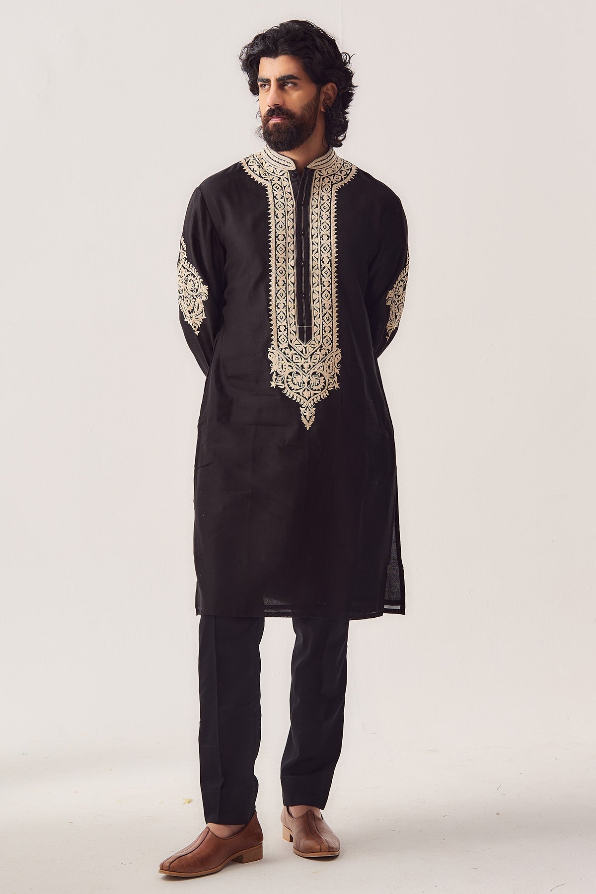 Buy Black Dori Marodi Kurta & Pants for Men by WABI SABI available online at ScrollnShops
