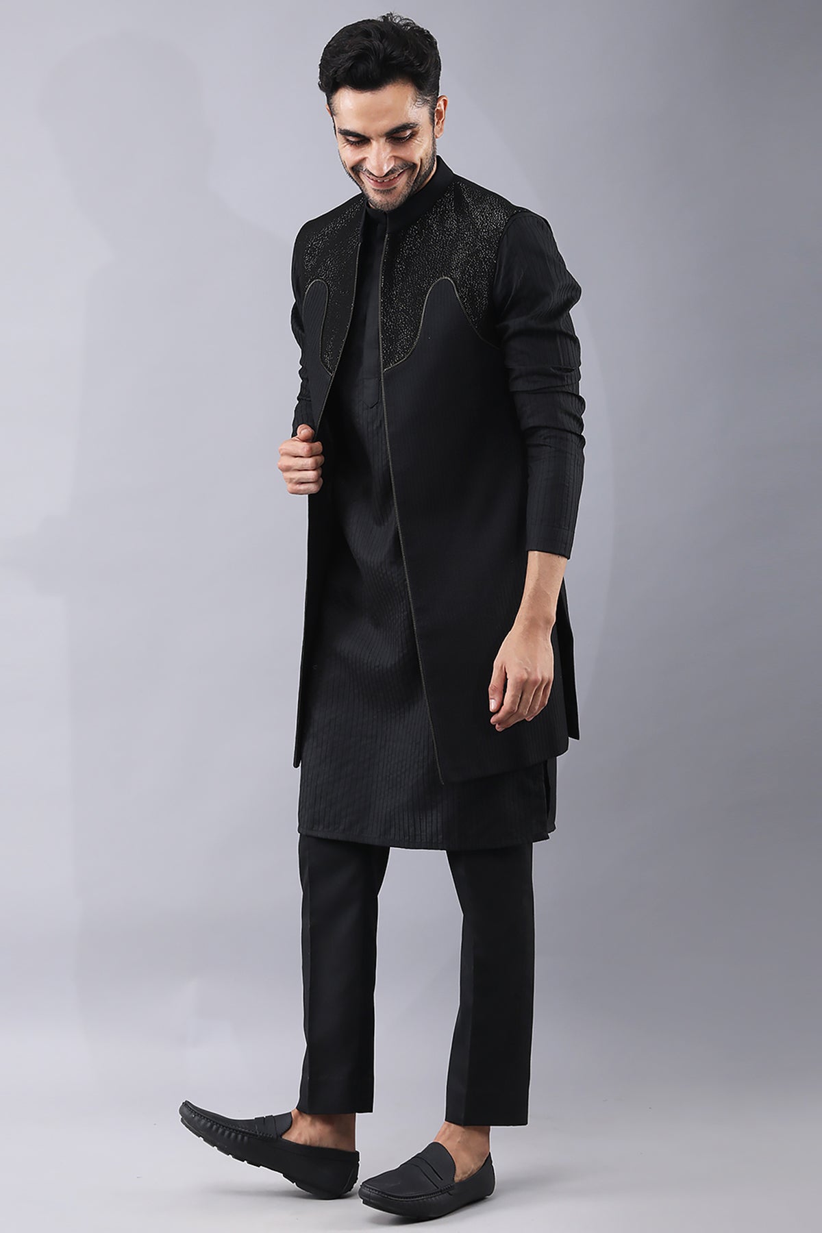Black Dori Work Silk Jacket Set