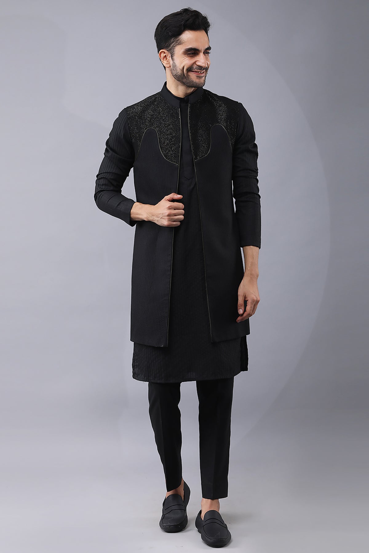 Buy Black Dori Work Silk Jacket Set by Manish Nagdeo for Men online at ScrollnShops