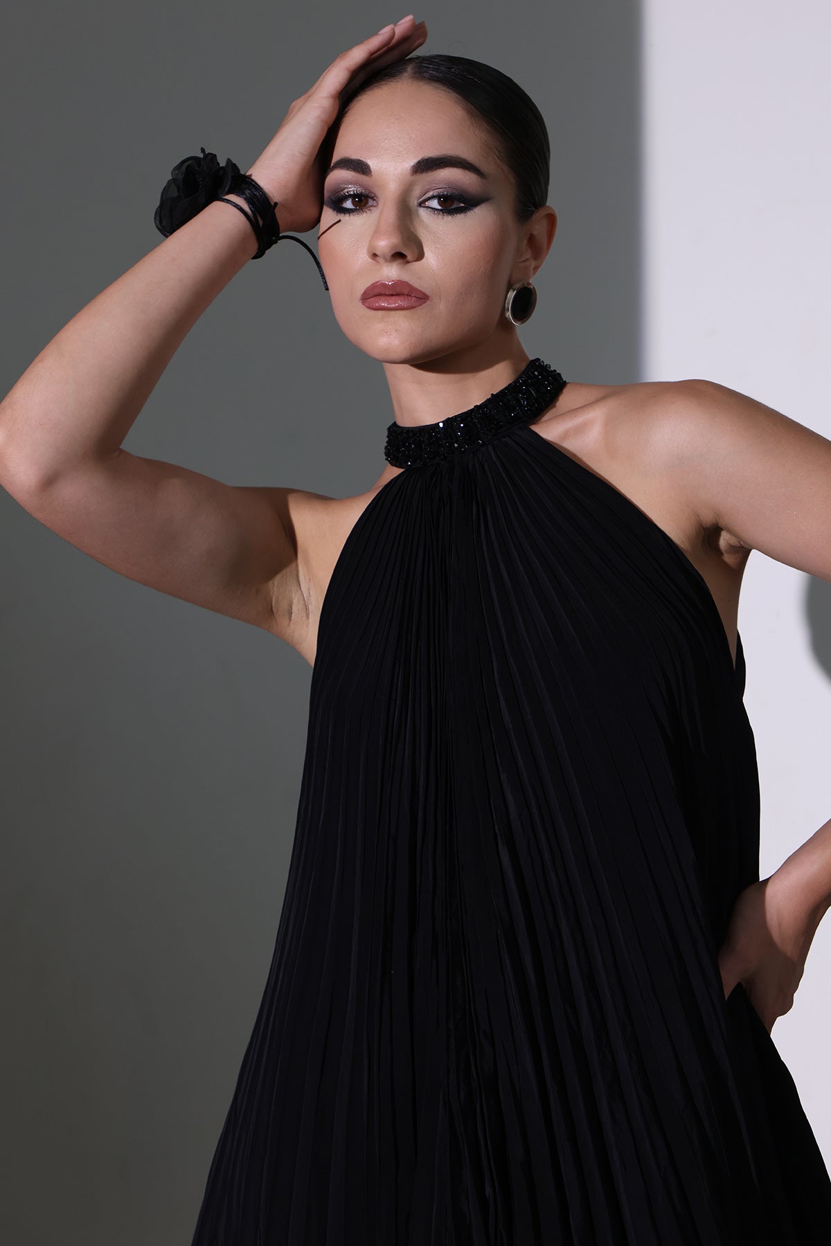 Black Drape Layered Midi Dress