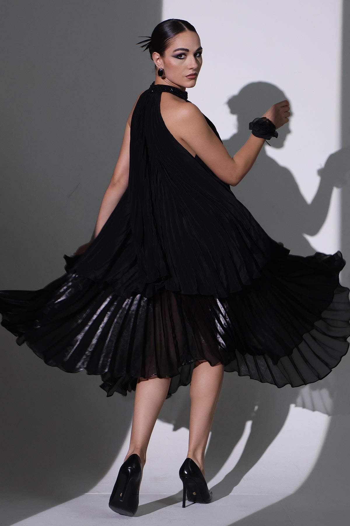 Black Drape Layered Midi Dress