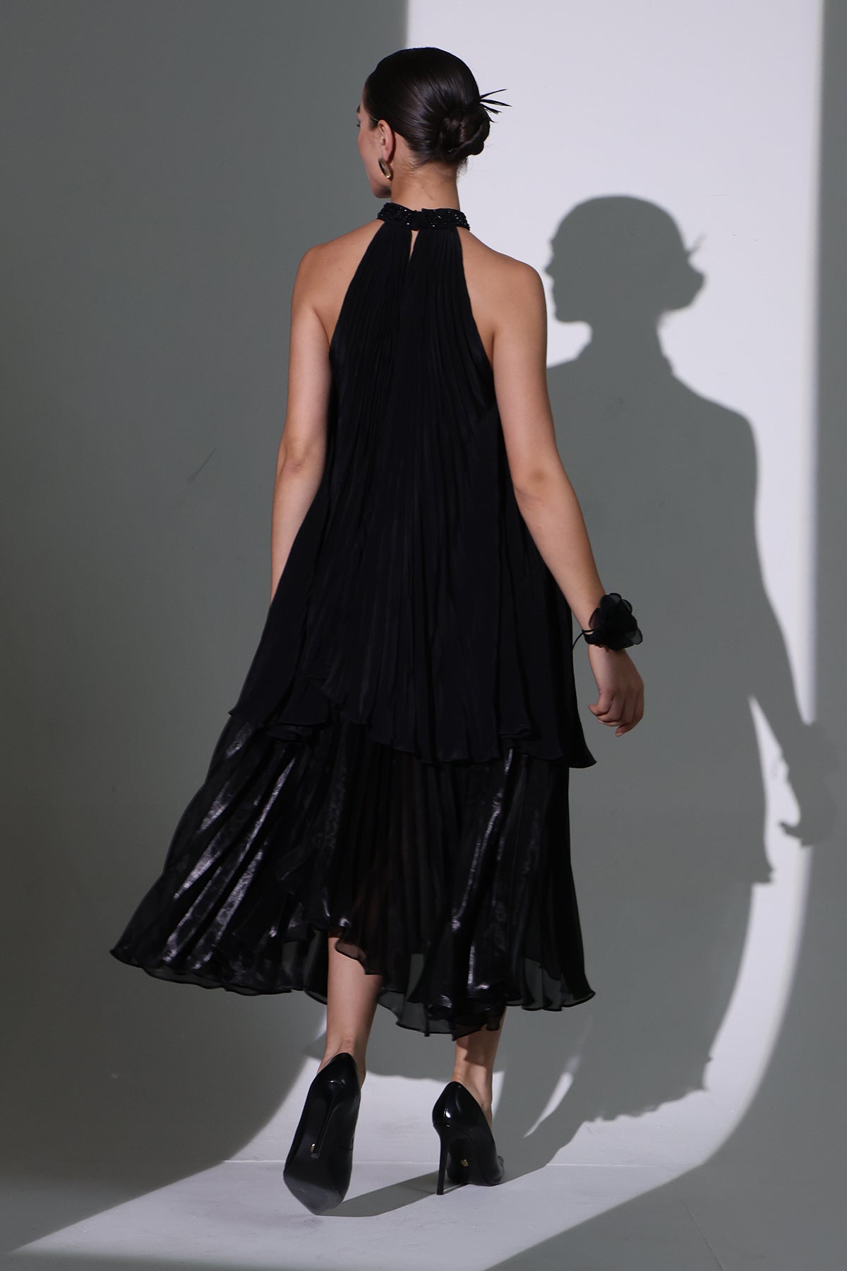 Black Drape Layered Midi Dress