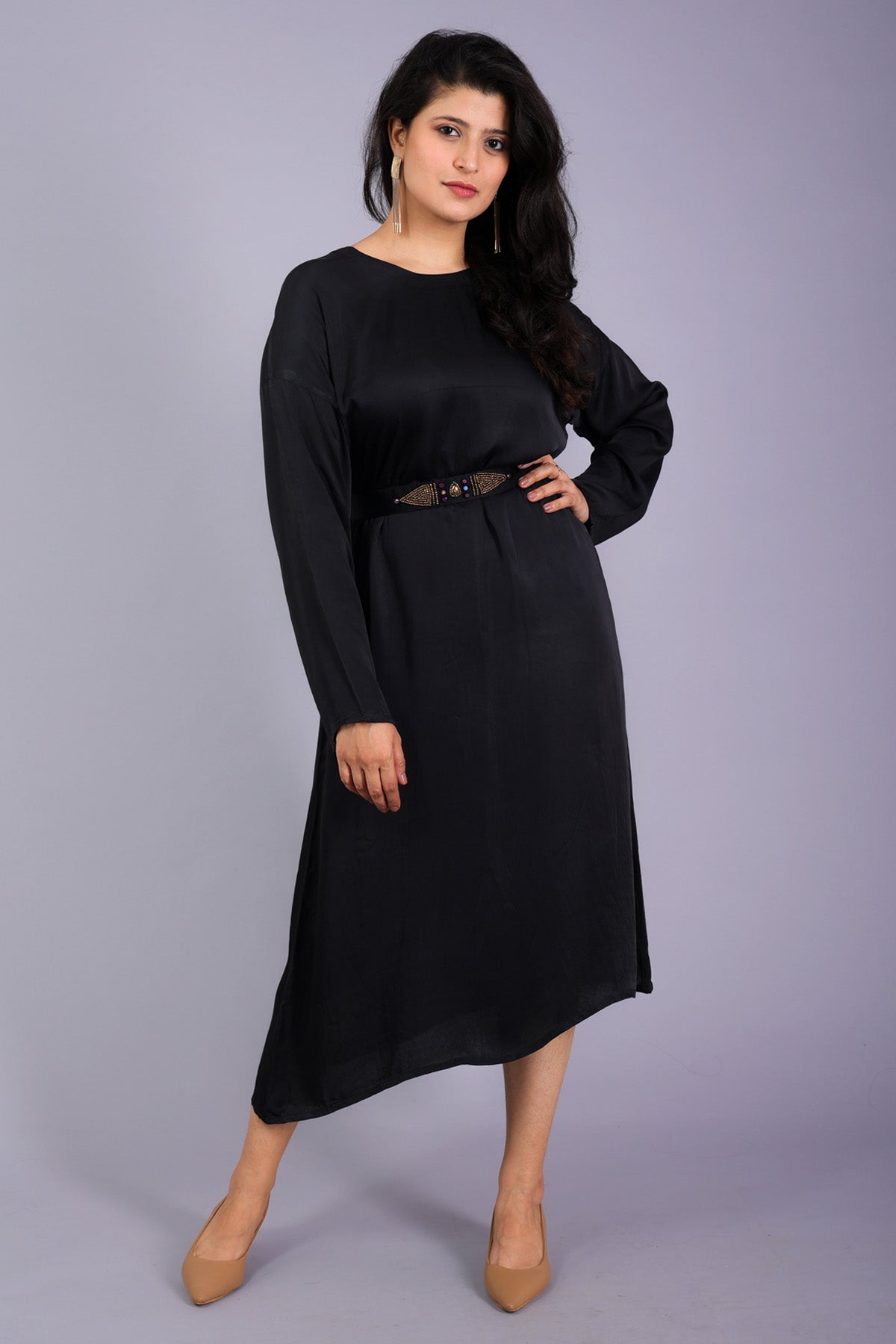 Black Drop Shoulder Midi Dress