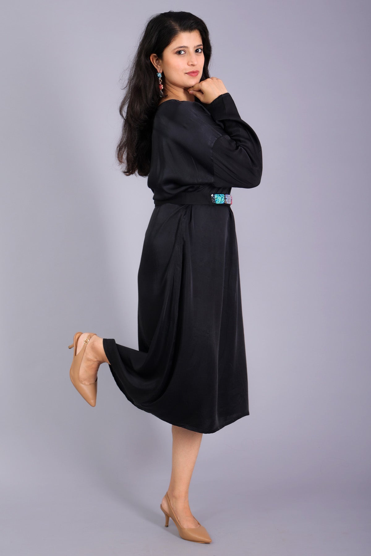 Black Drop Shoulder Midi Dress