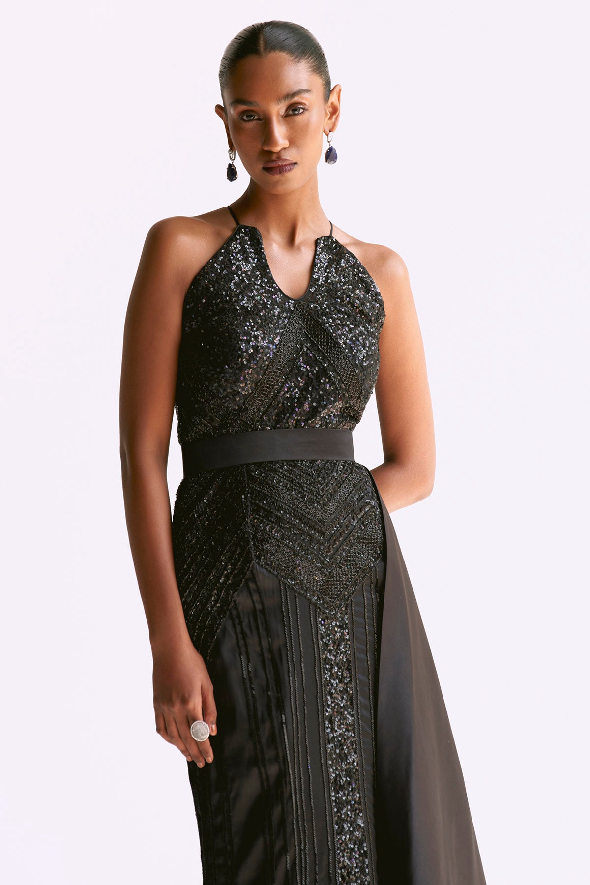 Black Embellished Trumpet Gown