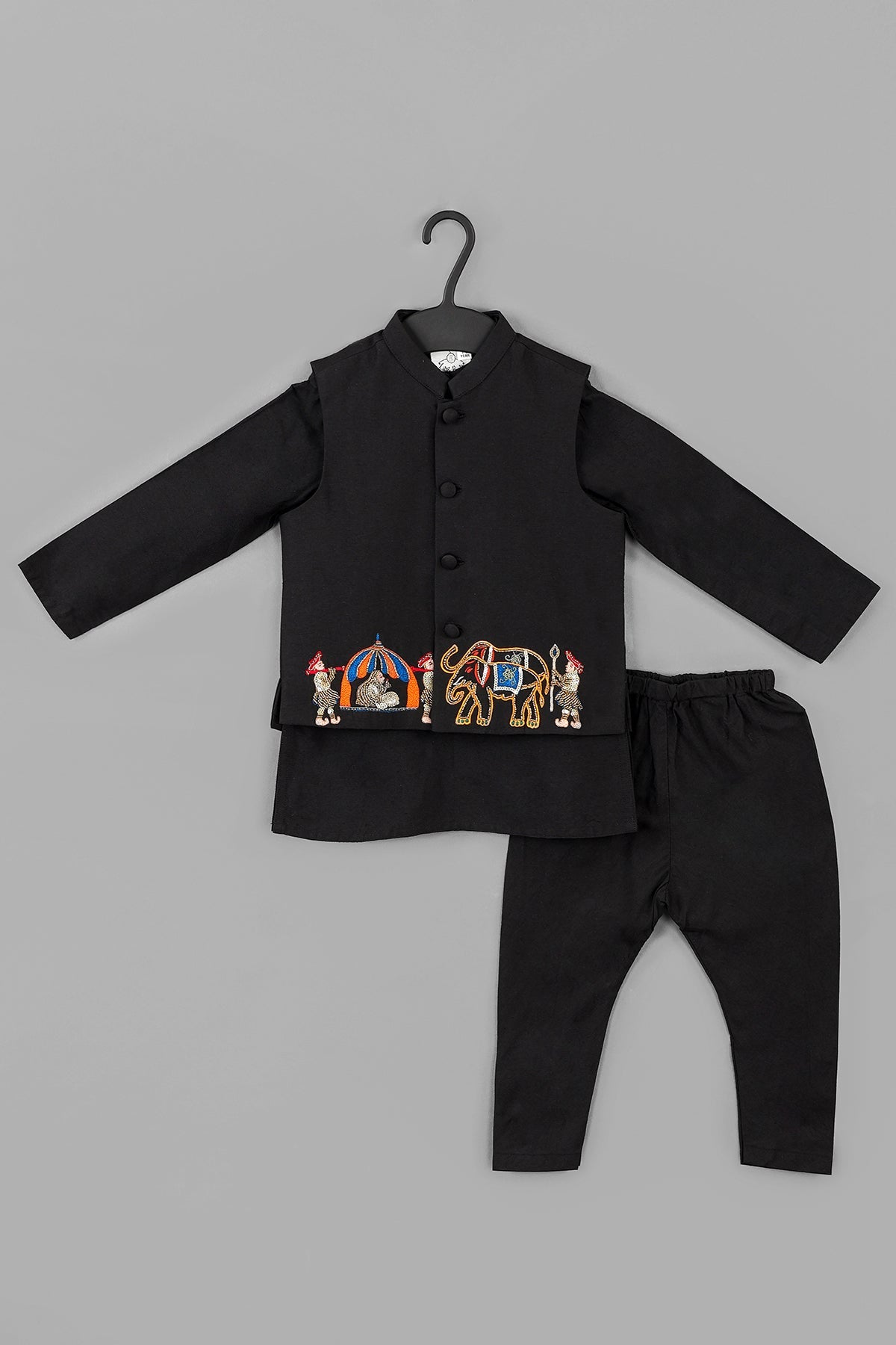 Buy Black Cotton Silk Bandhgala Set by Little Brats for Boys online at ScrollnShops