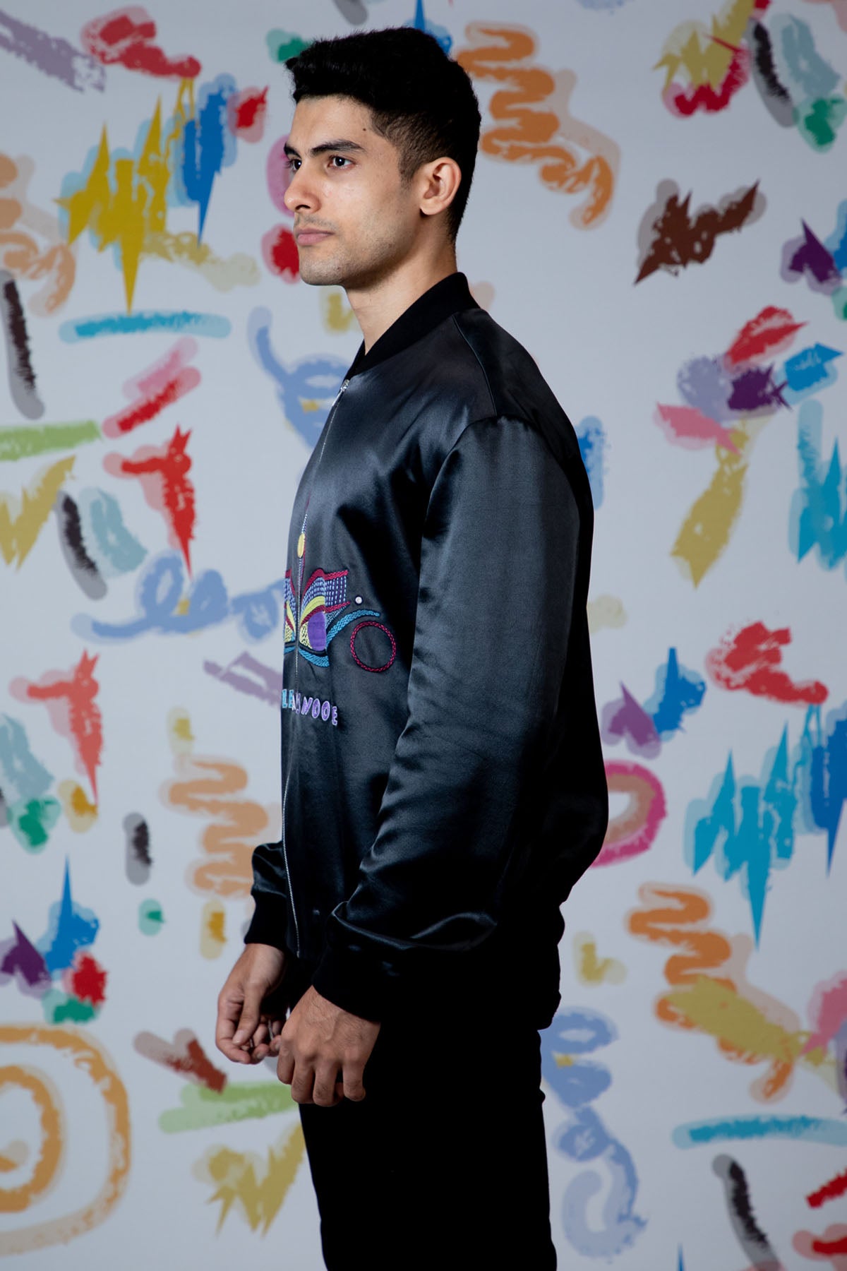 Black Embroidered Bomber Jacket