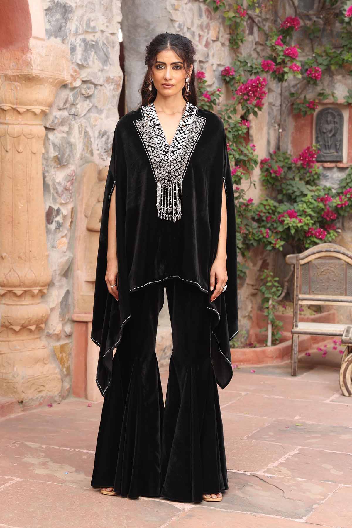 Buy Black Embroidered Cape & Sharara Online
