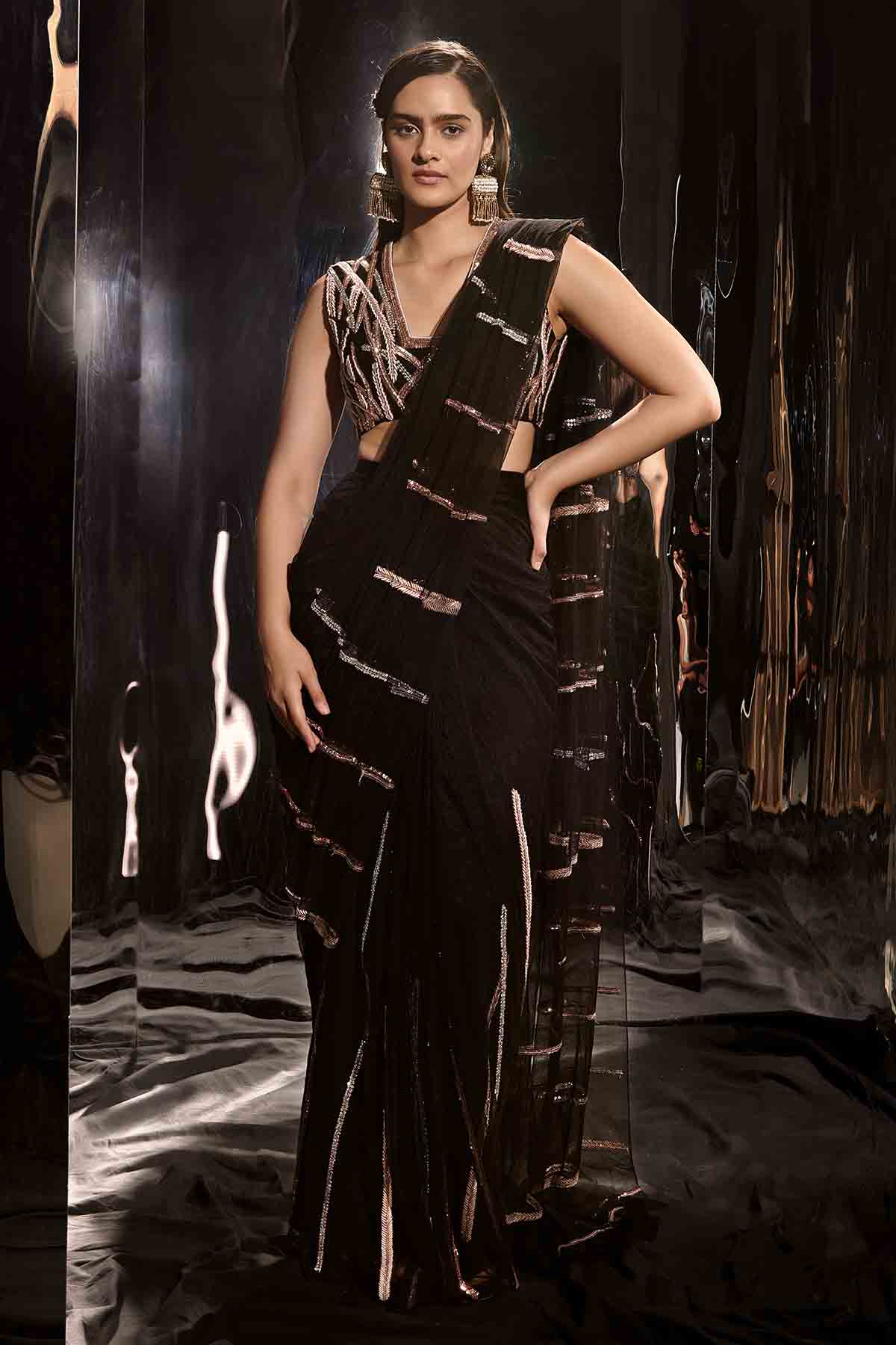 Buy Black Embroidered Draped Saree by Masumi Mewawalla for women online at ScrollnShops