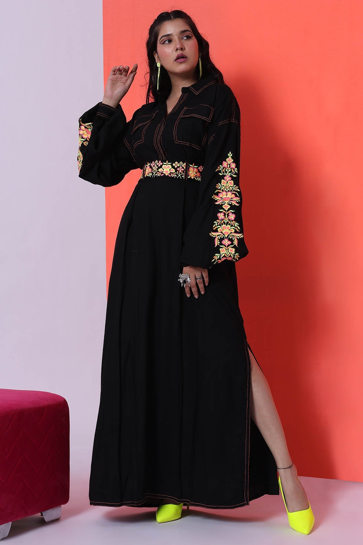 The House Of Shes Black Embroidered Dress & Belt for women online at ScrollnShops