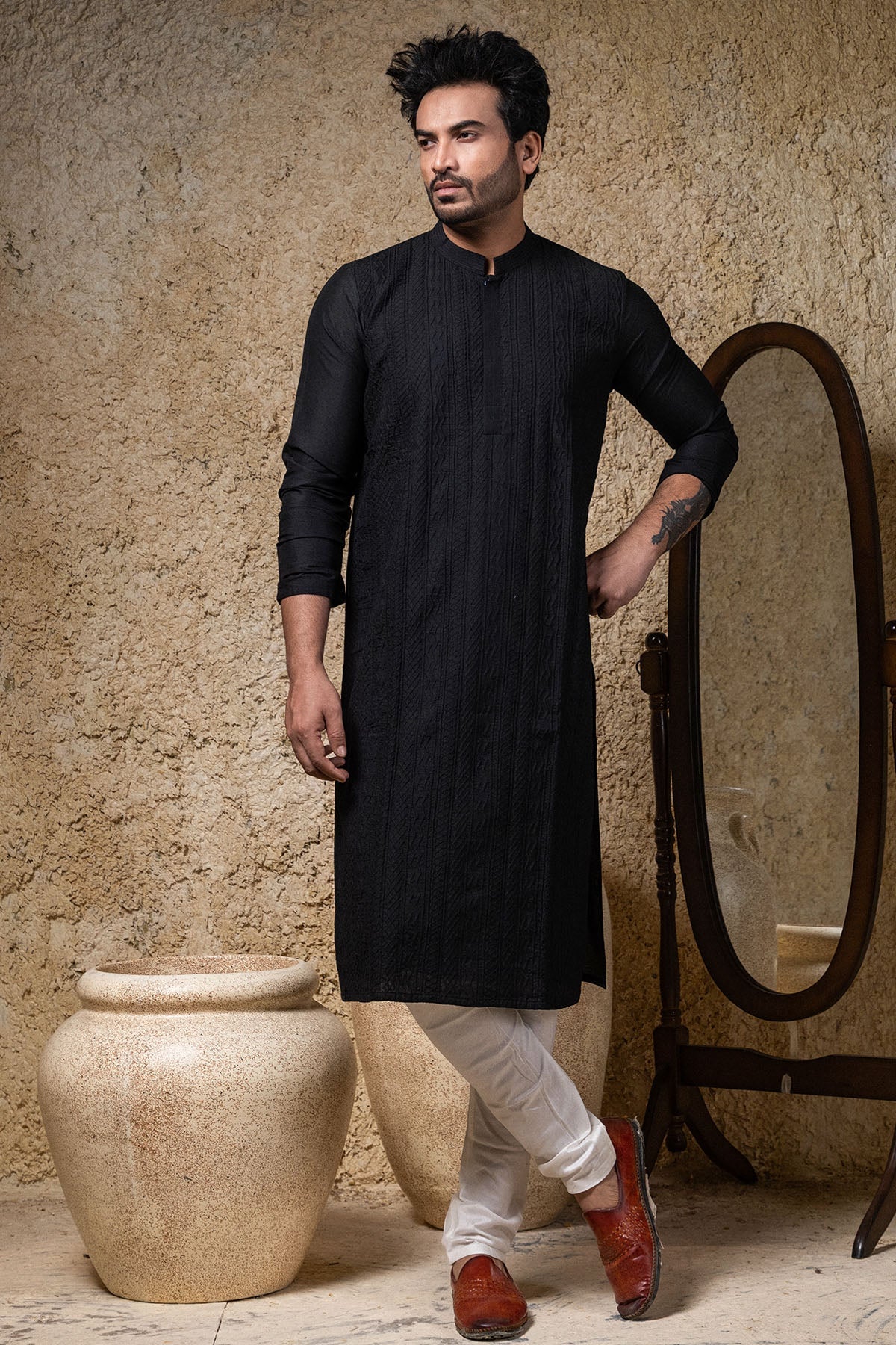 Buy Black Embroidered Kurta & Pyjama by Priyanka Haralalka for men online at ScrollnShops