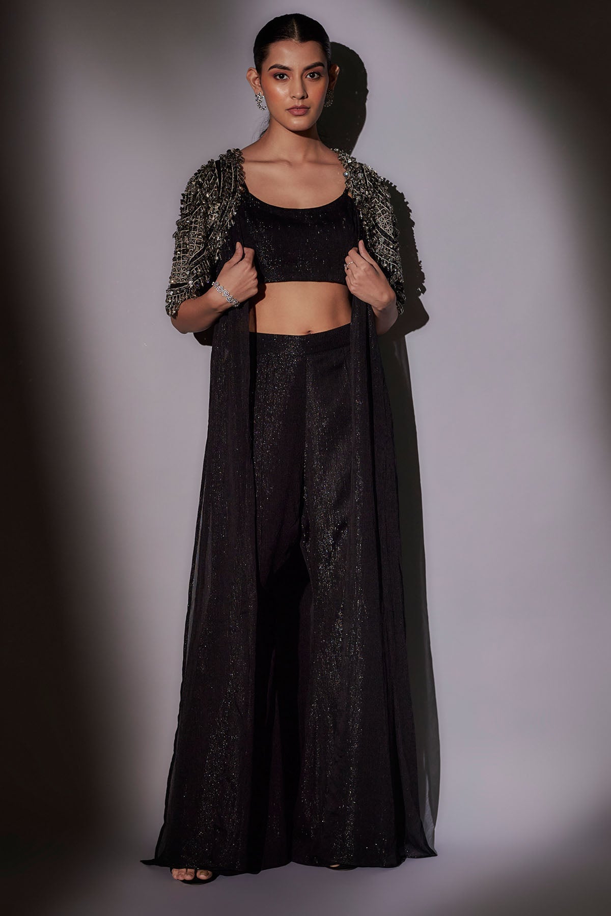 Buy Black Embroidered Long Cape Set by Ajiesh Oberoi for women online at ScrollnShops