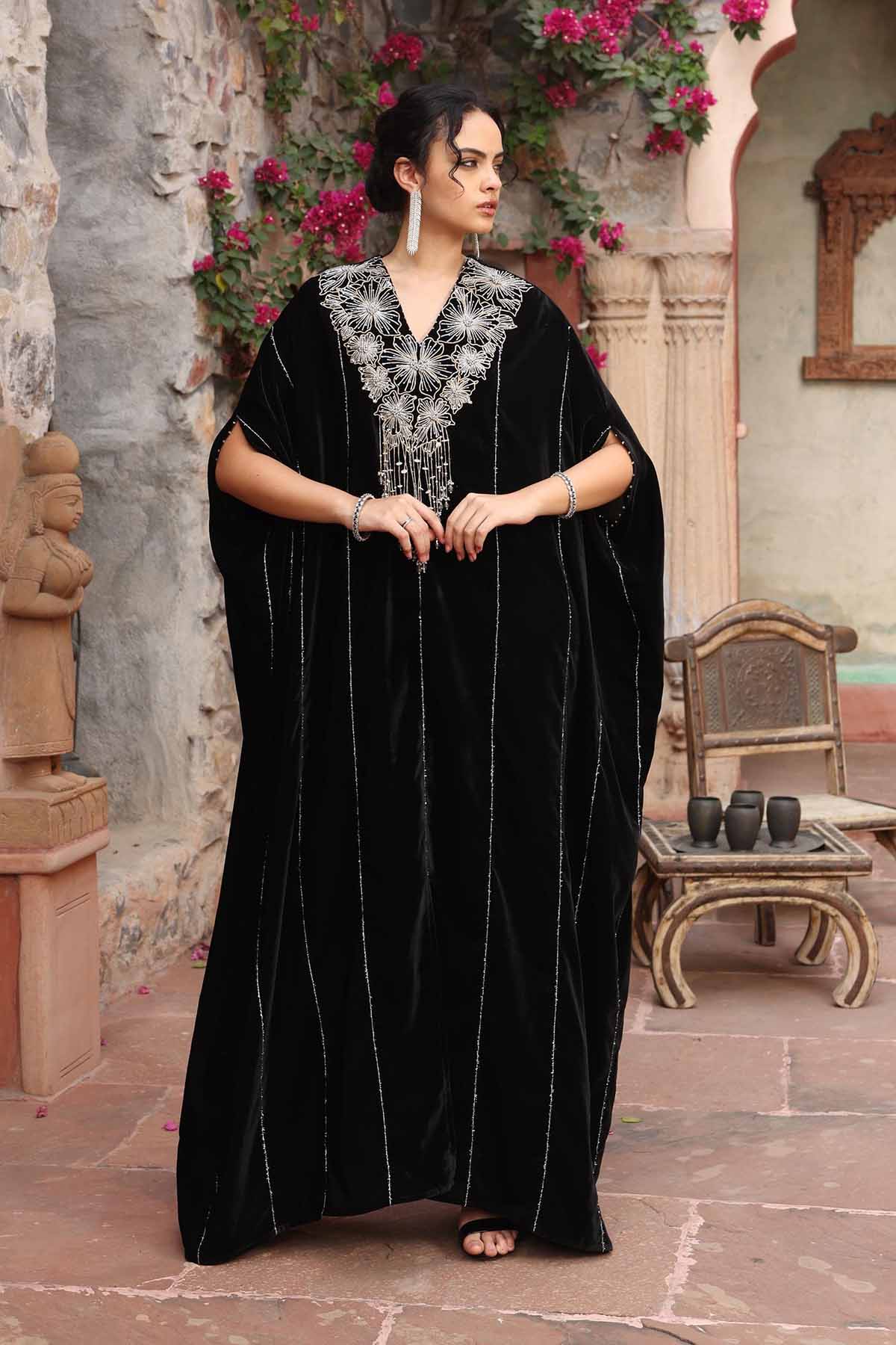 Black Embroidered Long Kaftan
