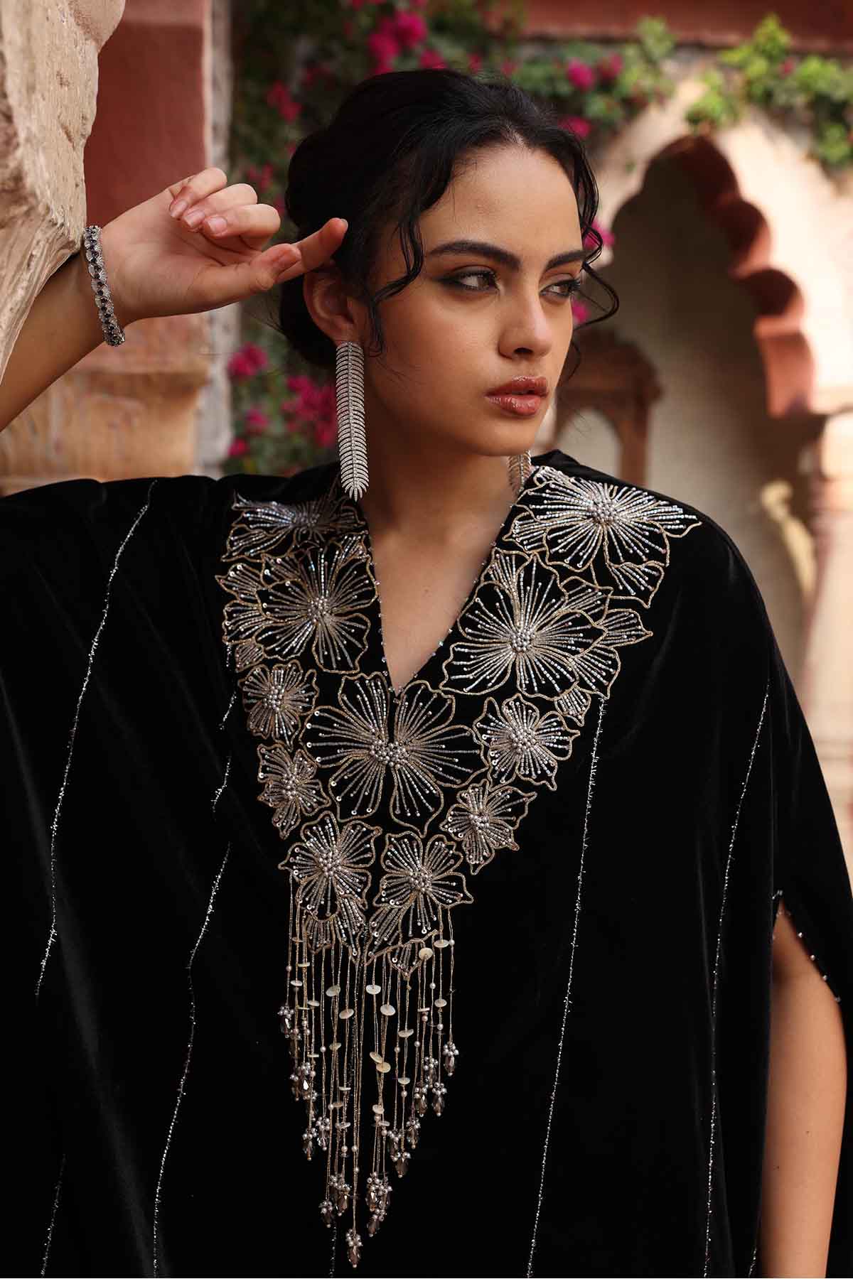 Black Embroidered Long Kaftan