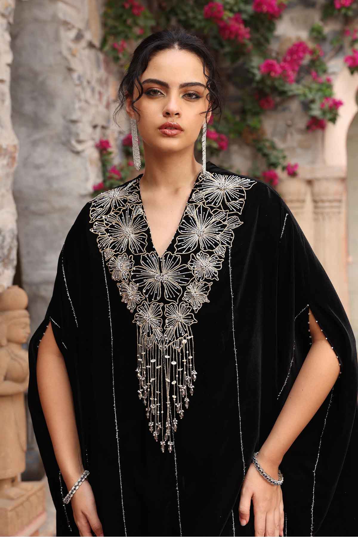 Black Embroidered Long Kaftan