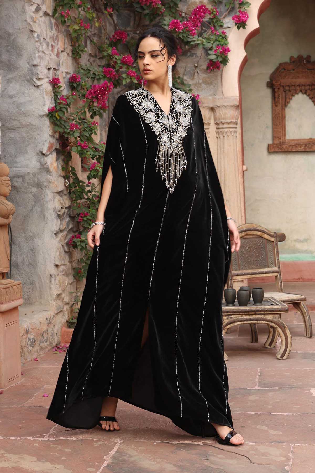 Buy Black Embroidered Long Kaftan by Ajiesh Oberoi for women online at ScrollnShops