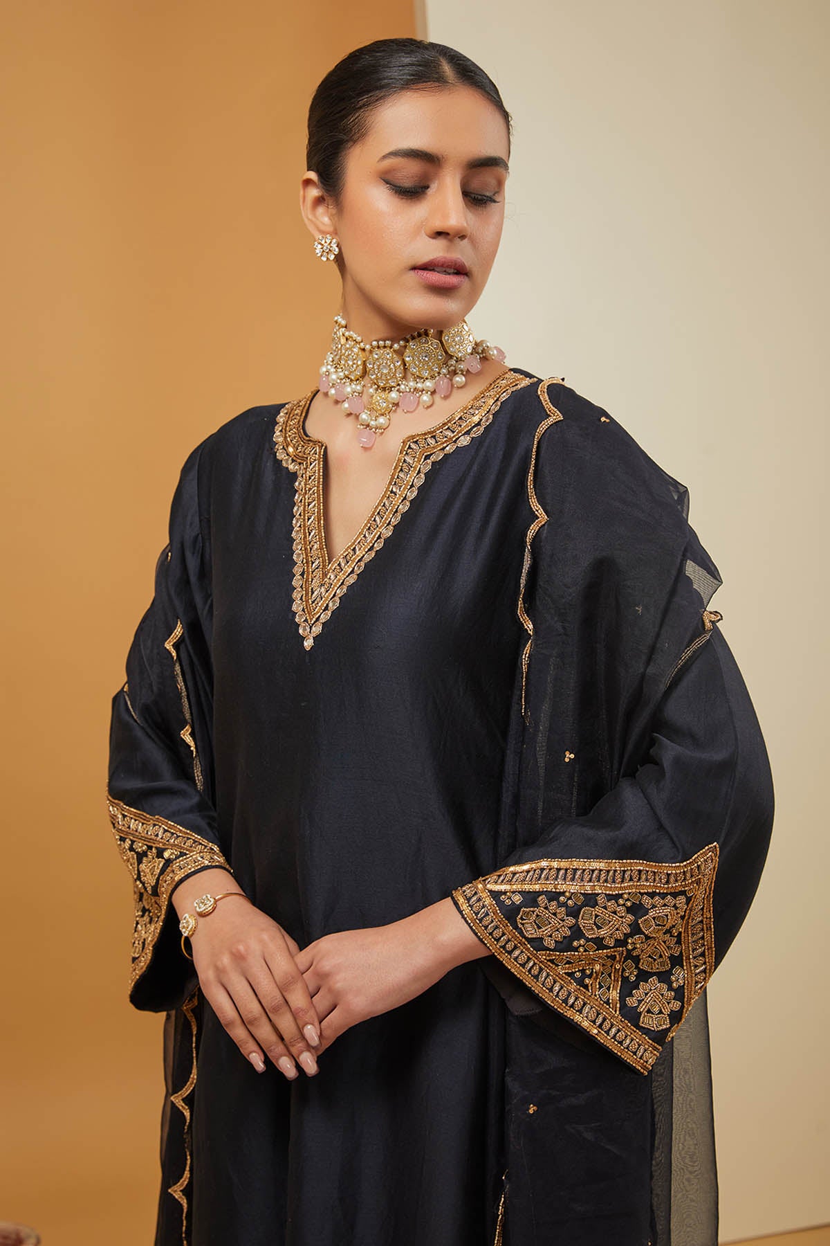 Black Embroidered Neck Kurta Set
