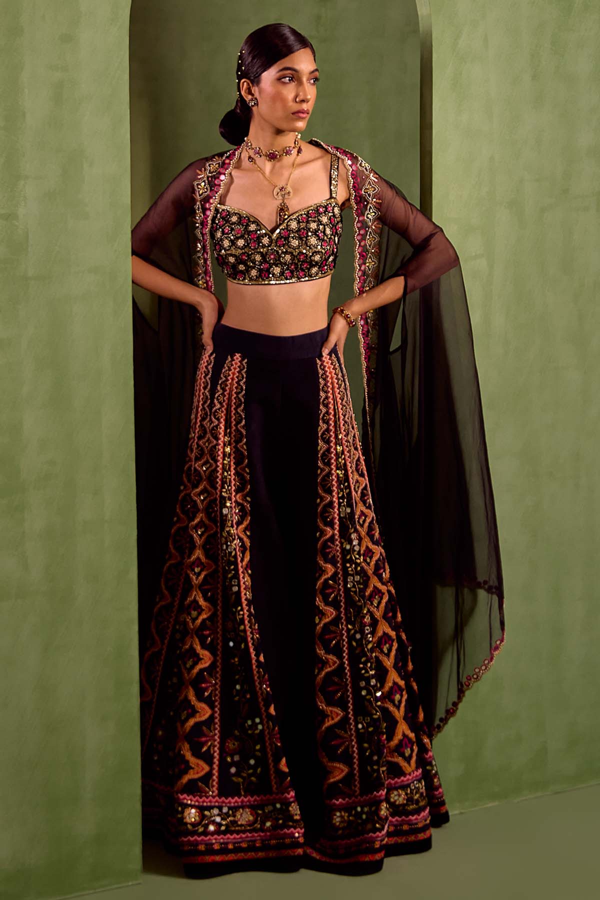 Black Embroidered Print Cape Set