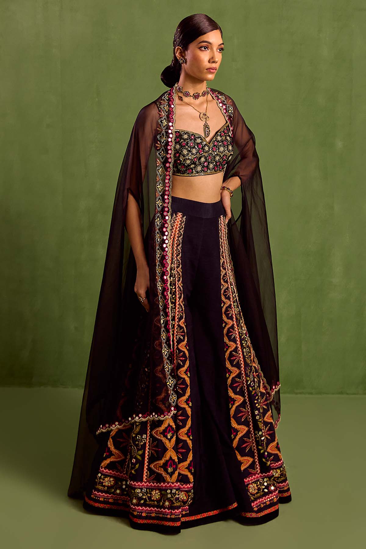 Black Embroidered Print Cape Set