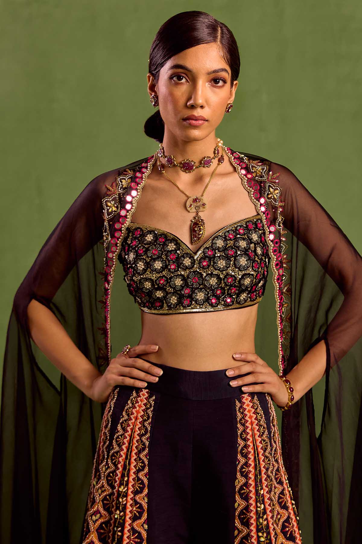 Black Embroidered Print Cape Set