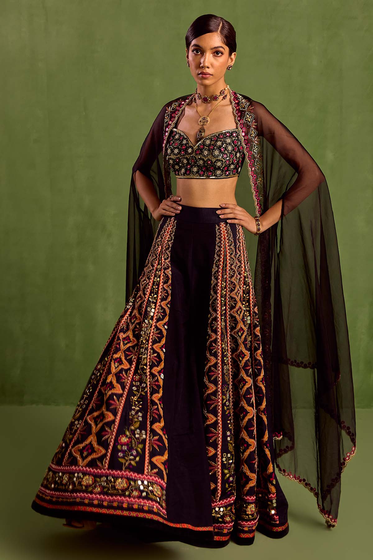 Black Embroidered Print Cape Set