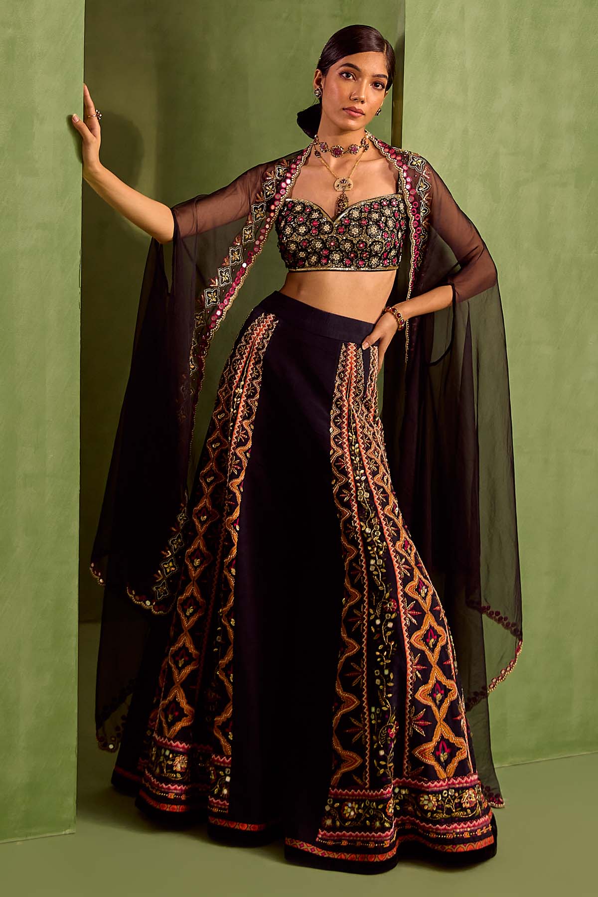 Neha Khullar Black Embroidered Print Cape Set for women online at ScrollnShops