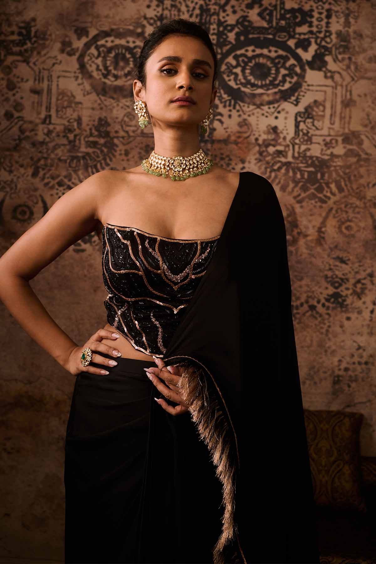 Black Embroidered Saree & Corset