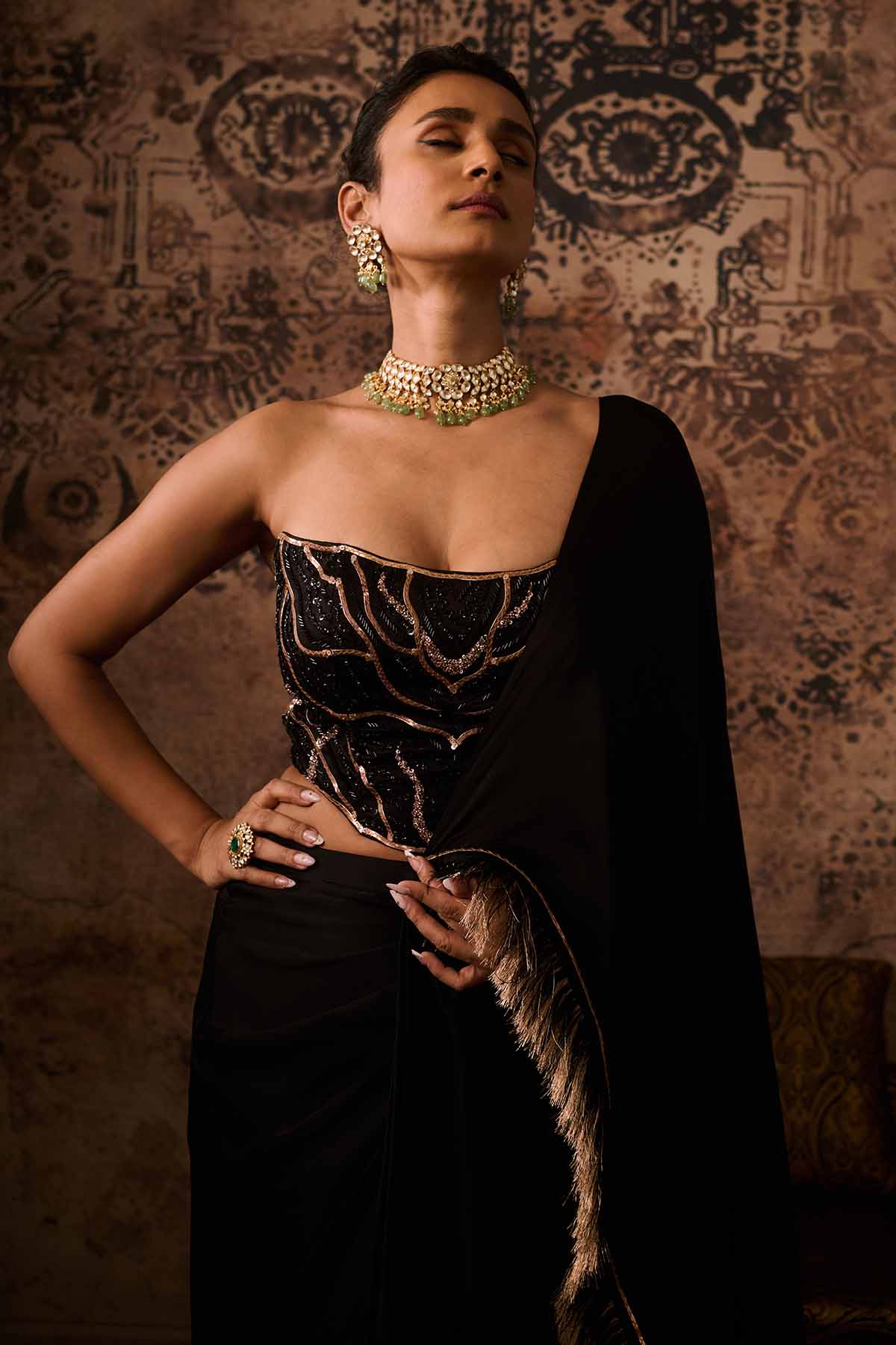 Black Embroidered Saree & Corset