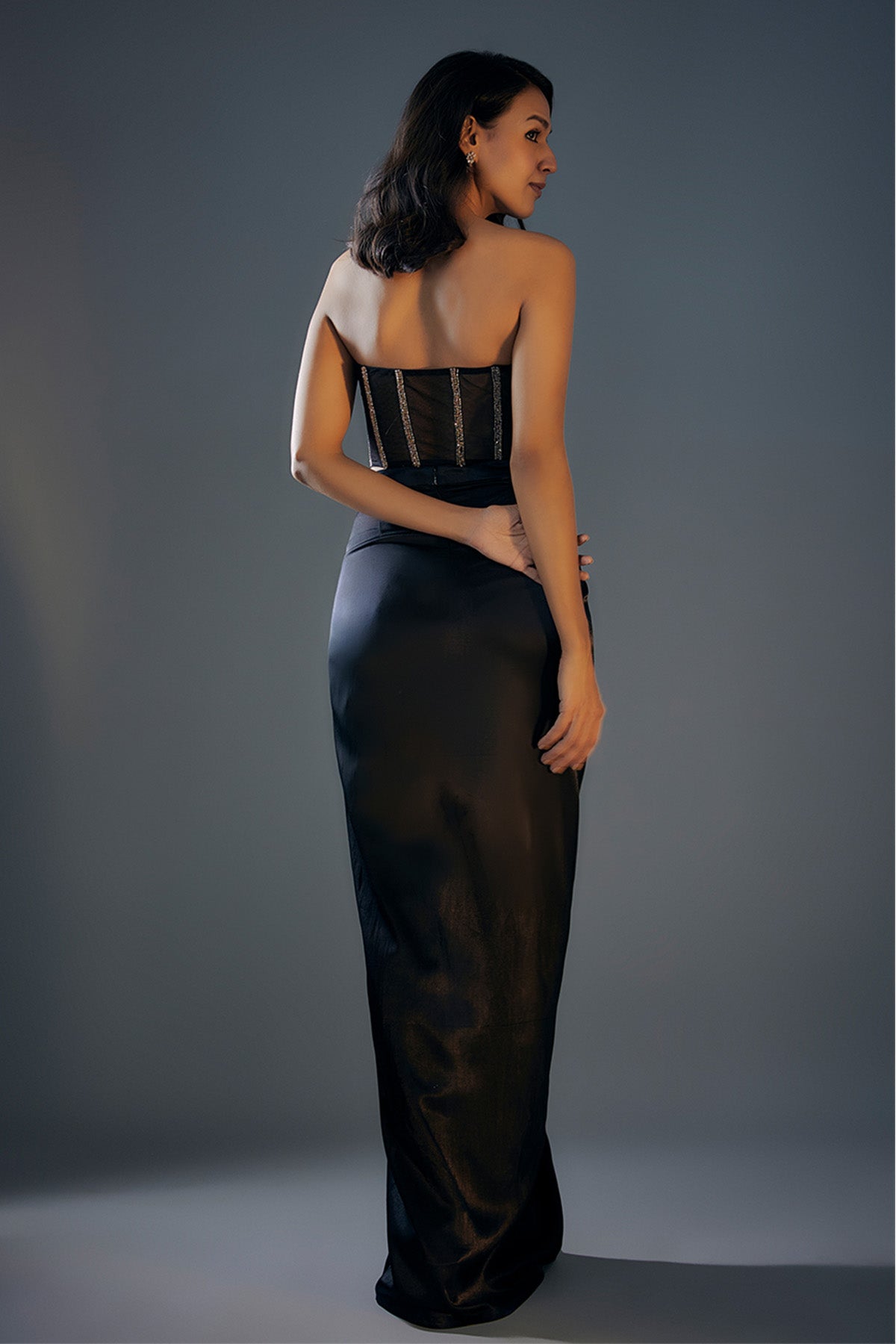 Black Embroidered Slit Skirt Set