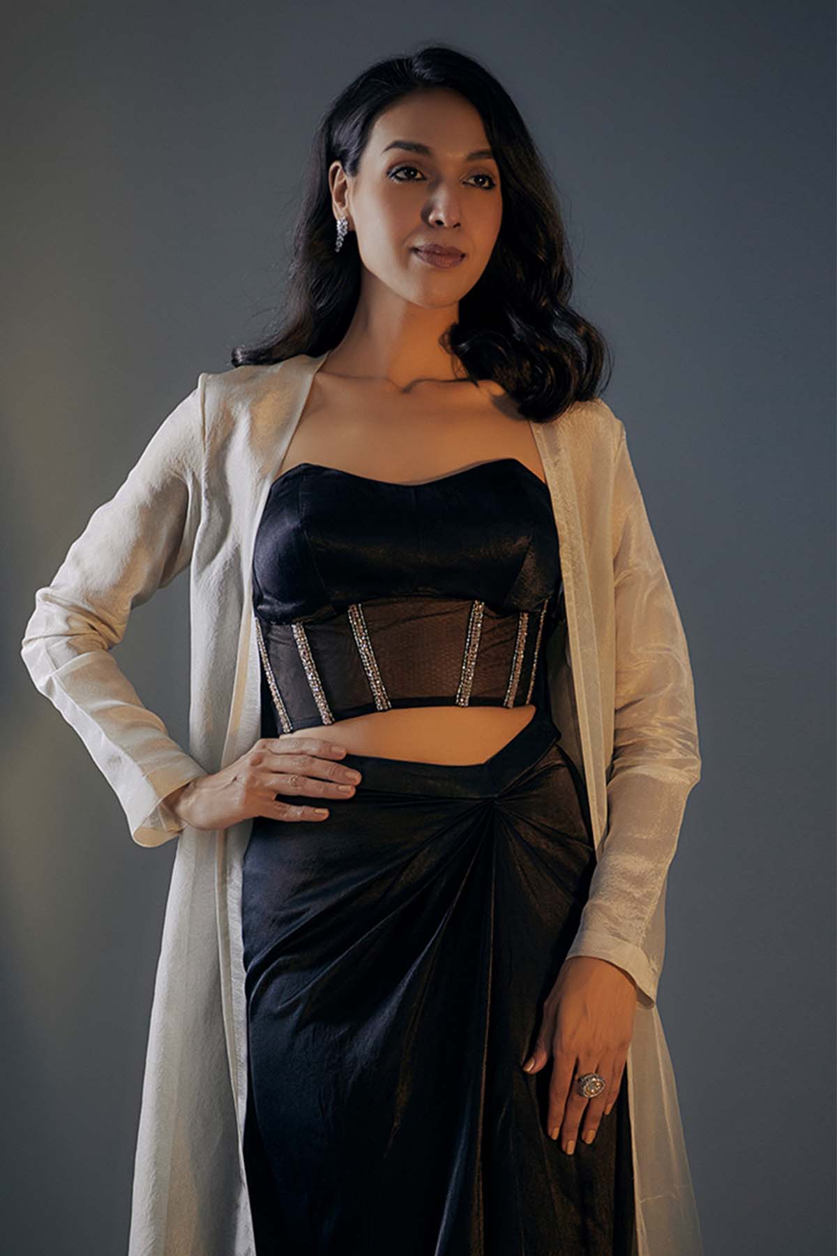 Black Embroidered Slit Skirt Set