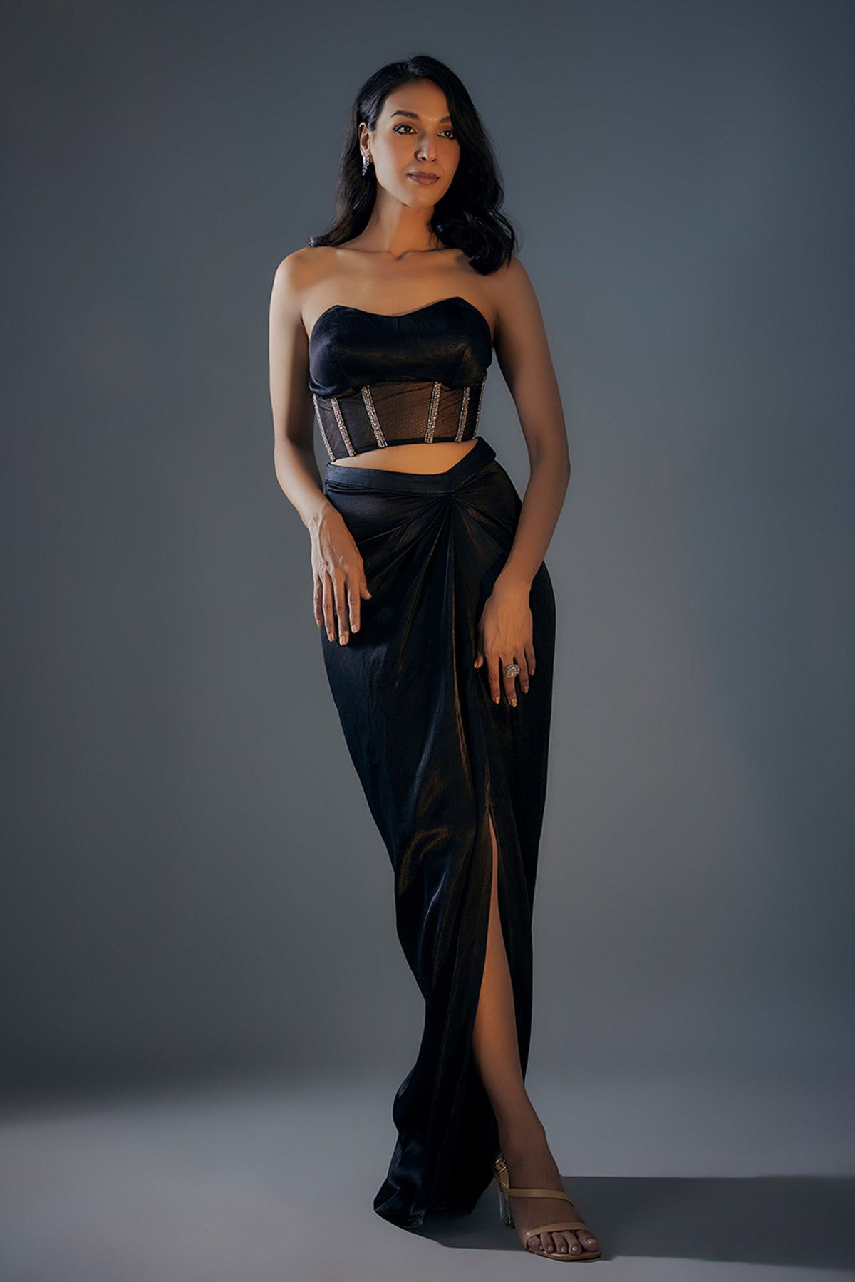 Black Embroidered Slit Skirt Set