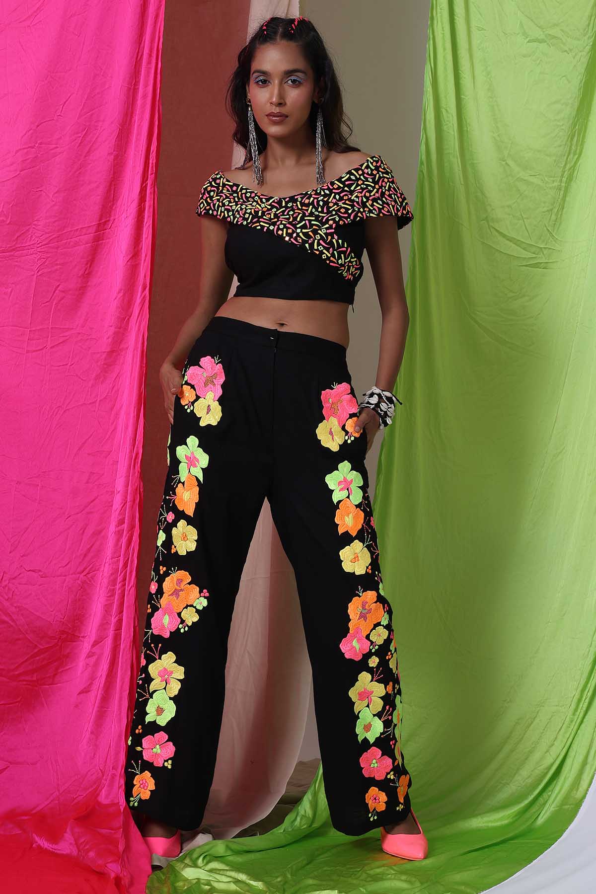 The House Of Shes Black Embroidered Top & Trousers for women online at ScrollnShops