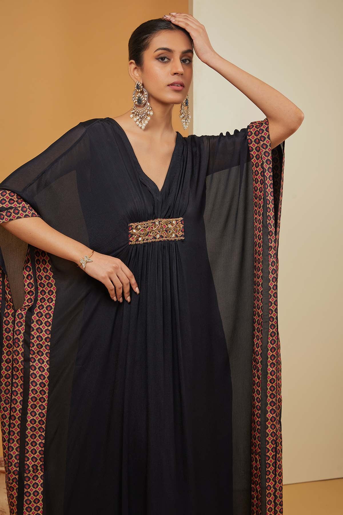 Black Embroidered V-Neck Kaftan