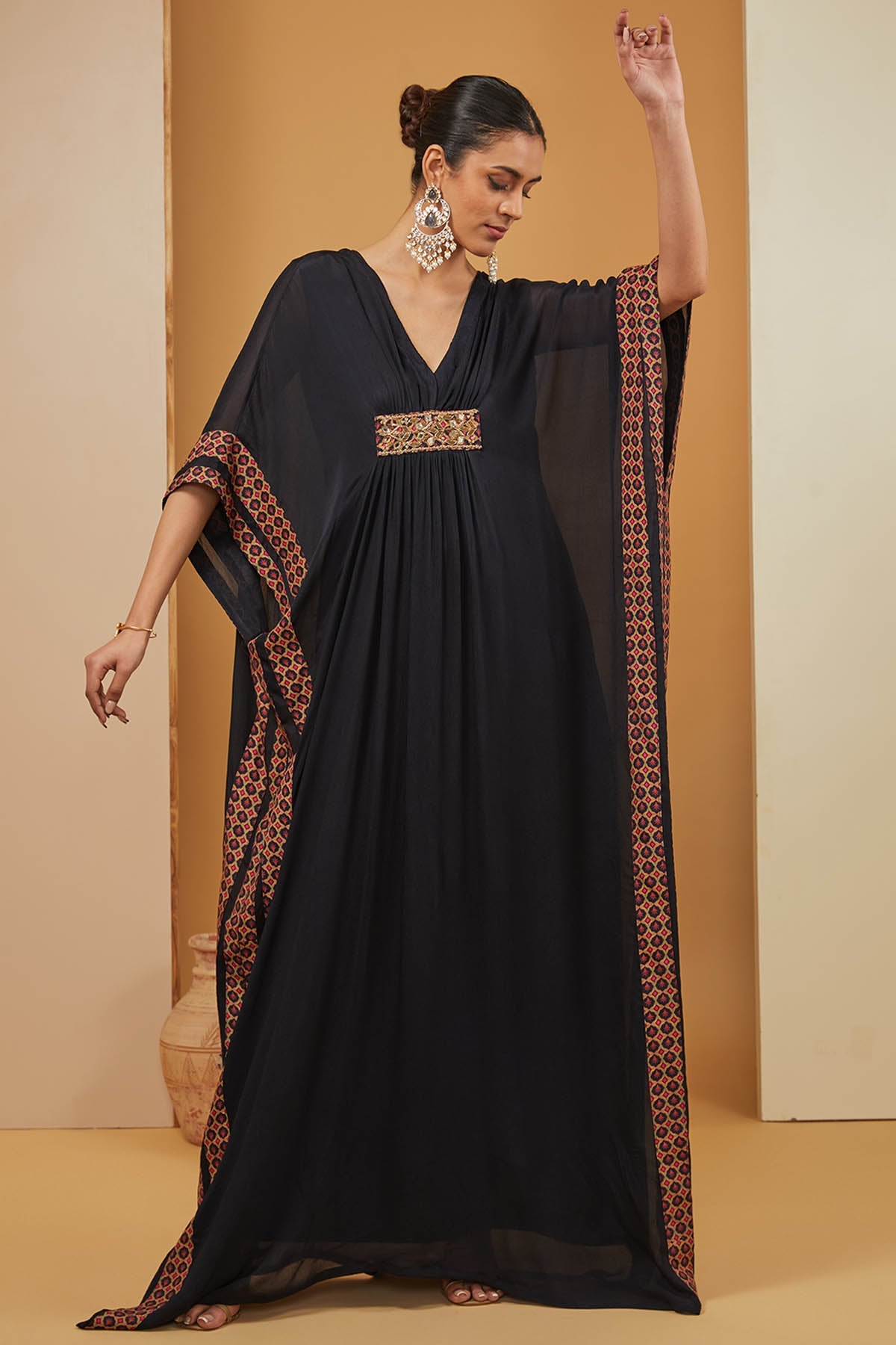 Neha Khullar Black Embroidered V-Neck Kaftan for women online at ScrollnShops