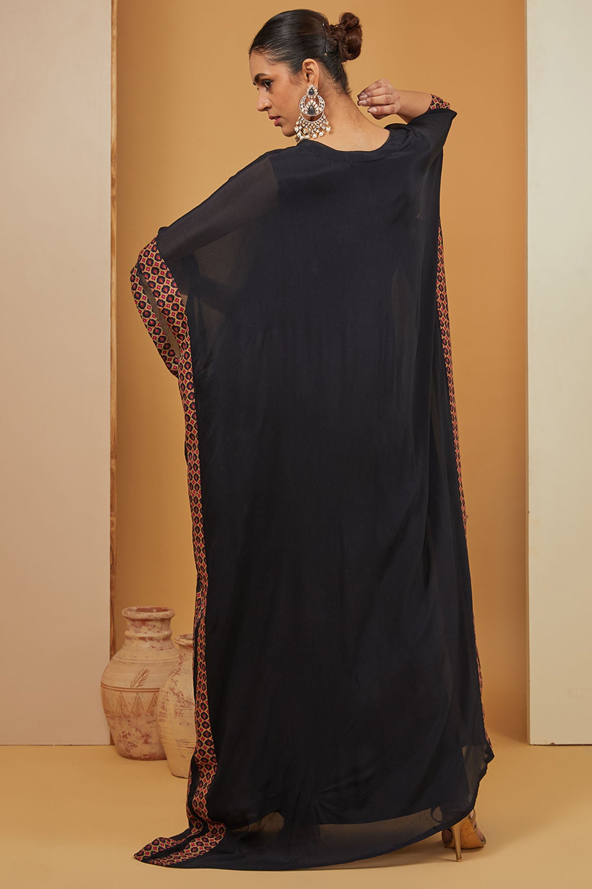 Black Embroidered V-Neck Kaftan