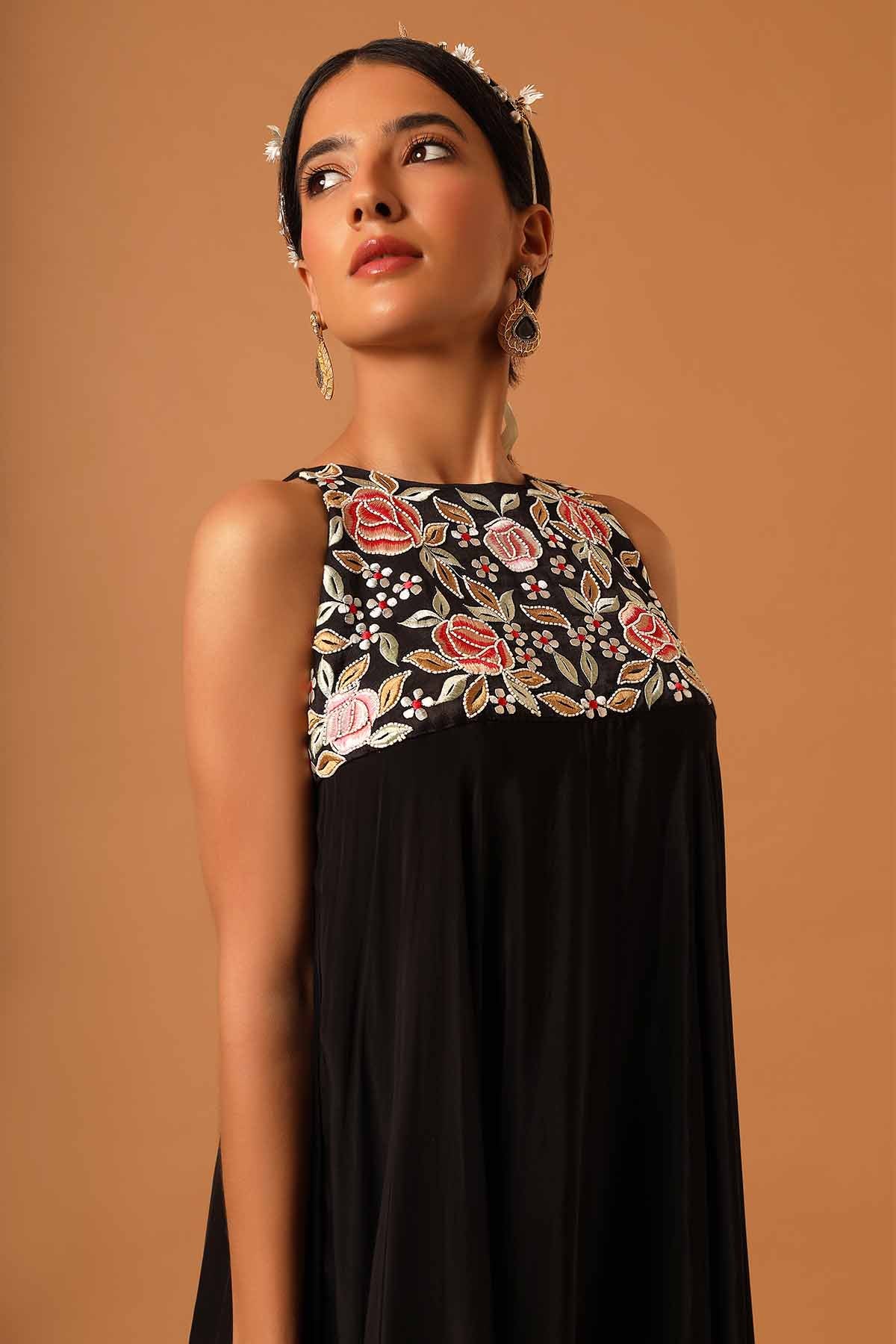 Black Embroidered Yoke Dress