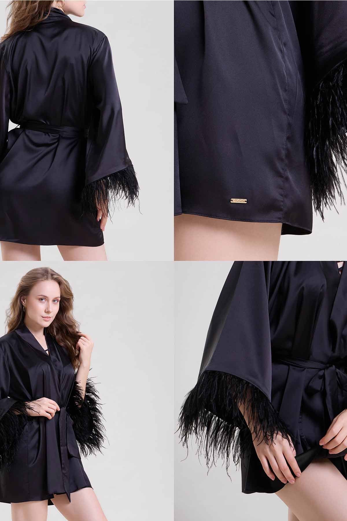 Black Feather Sleeves Mini Robe