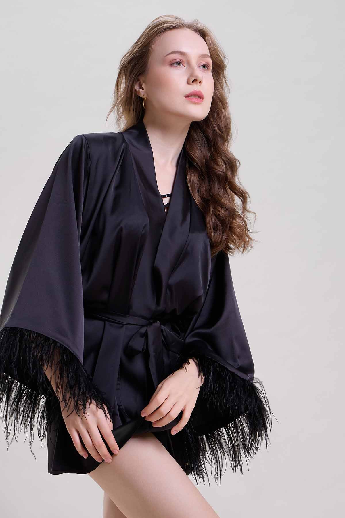 Black Feather Sleeves Mini Robe