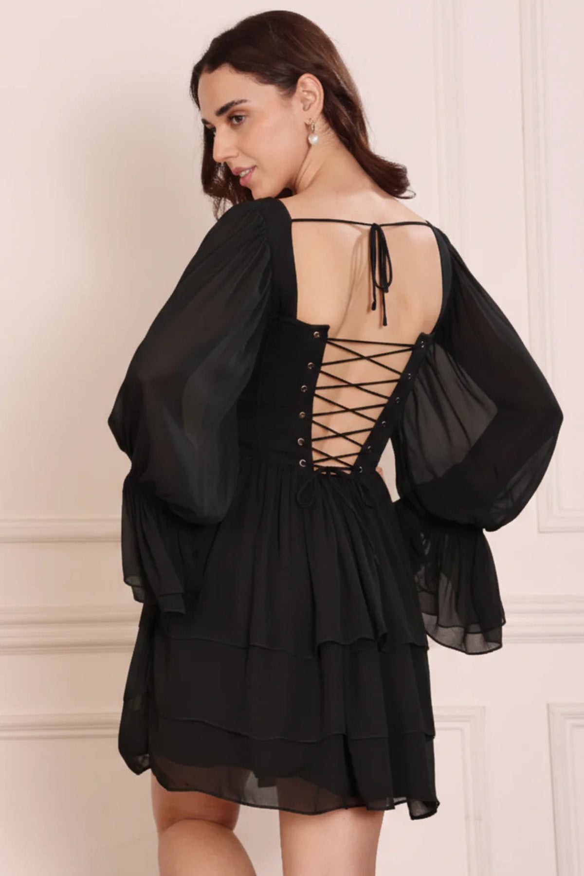 Black Flared Sleeves Mini Dress