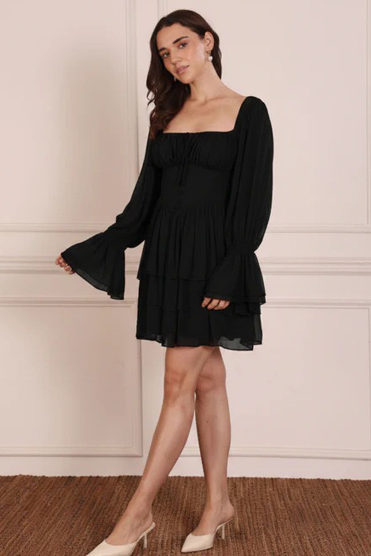 Black Flared Sleeves Mini Dress