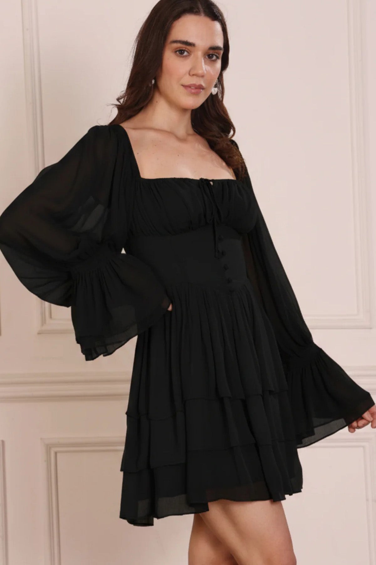 Black Flared Sleeves Mini Dress
