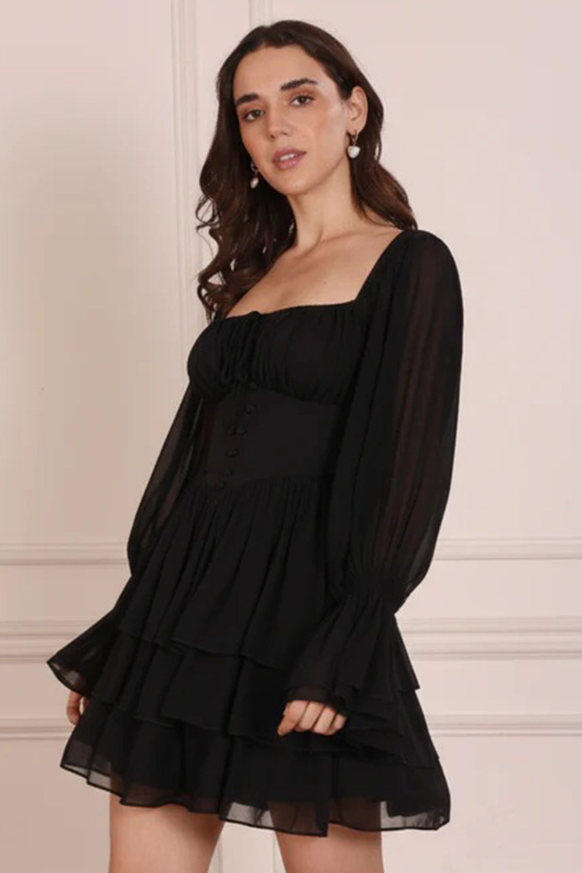 Buy Black Flared Sleeves Mini Dress for women by Seoraa online available at scrollnshops