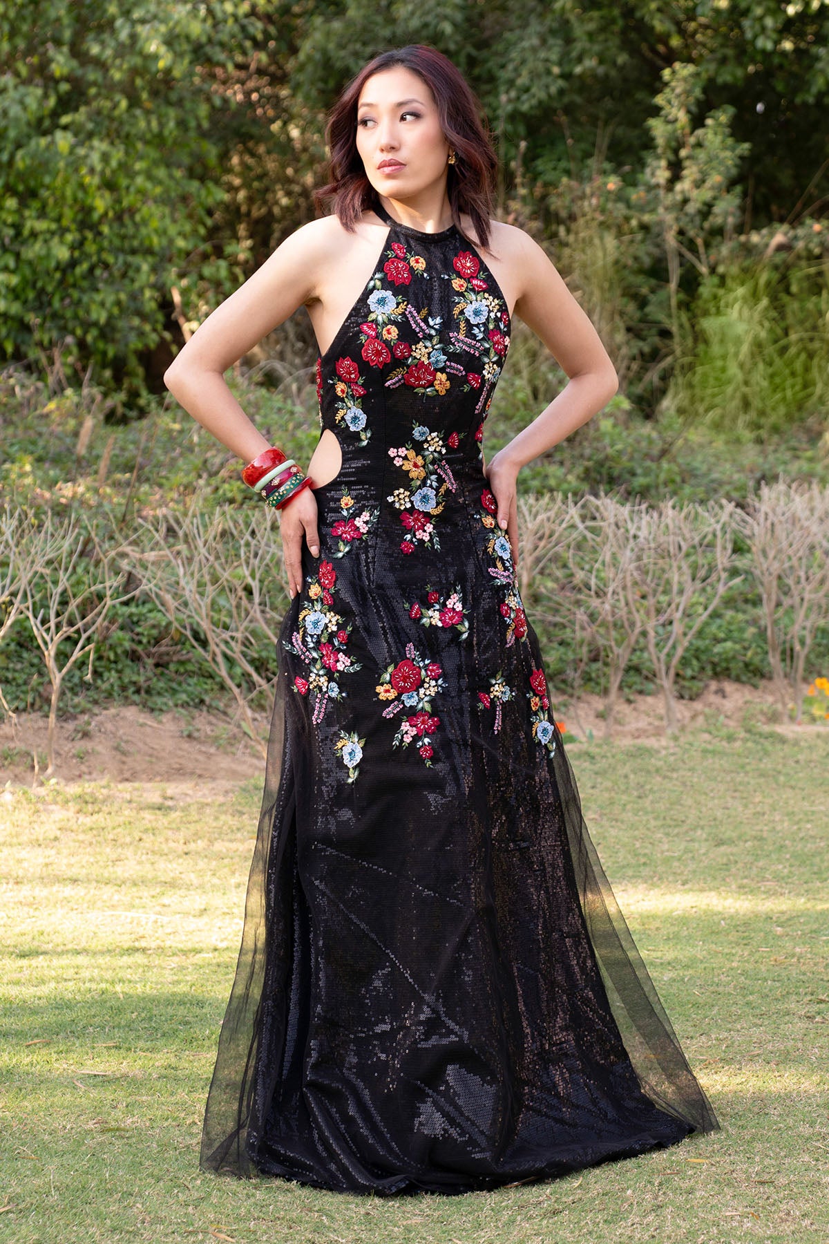 Black Floral Embroidered Gown